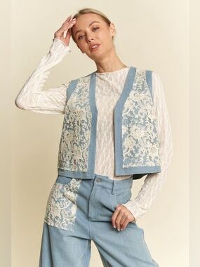 Davi & Dani Lace Patch Open Front Denim Vest